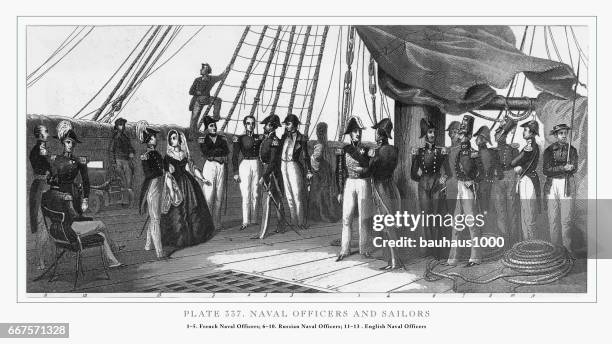 ilustraciones, imágenes clip art, dibujos animados e iconos de stock de naval oficiales y marineros del grabado, 1851 - cadete