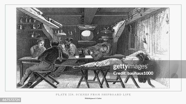 scenes from shipboard life engraving, 1851 - bunk bed stock illustrations