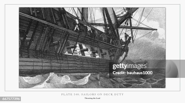 illustrations, cliparts, dessins animés et icônes de marins sur deck duty gravure, 1851 - planche pictos defense