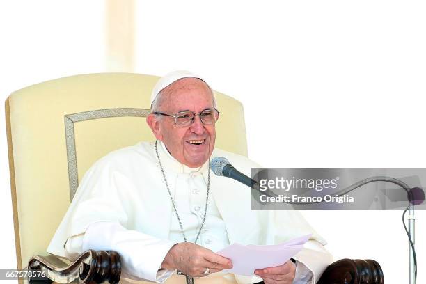 Pope Francis holds his homily in St. Peter's Square during the weekly audience on April 12, 2017 in Vatican City, Vatican. Pope Francis on Wednesday...