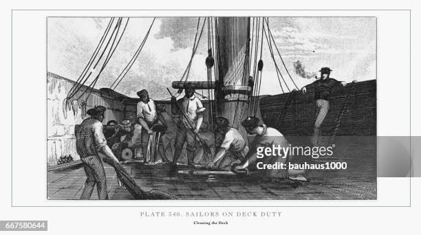 matrosen an deck pflicht gravur, 1851 - kriegsschiff stock-grafiken, -clipart, -cartoons und -symbole
