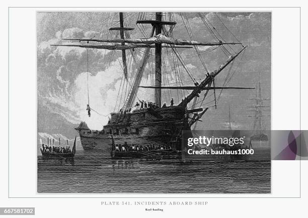 illustrations, cliparts, dessins animés et icônes de incidents à bord du navire gravure, 1851 - planche pictos defense