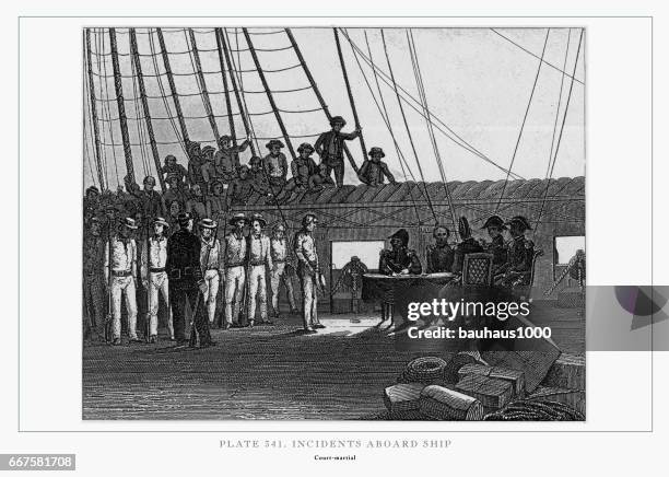 illustrations, cliparts, dessins animés et icônes de incidents à bord du navire gravure, 1851 - planche pictos defense