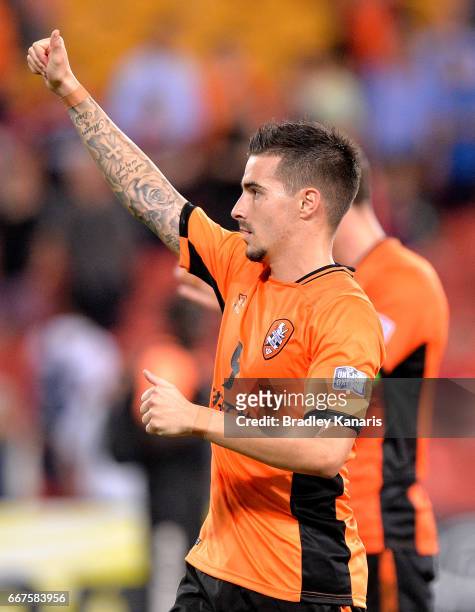 Jamie Maclaren of the Roar celebrates victory with fans after the AFC Asian Champions League Group Stage match between the Brisbane Roar and Kashima...