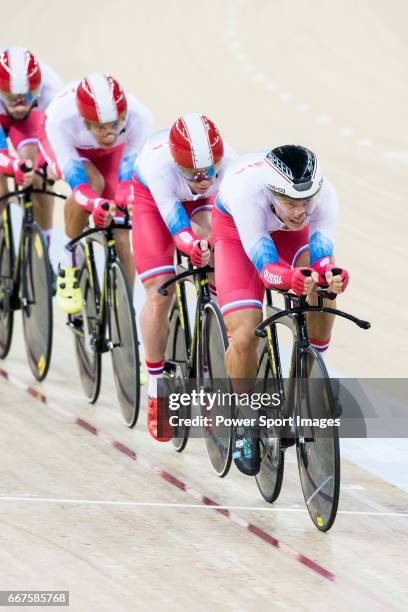 The team of Russia with Alexander Evtushenko, Alexey Kurbatov, Viktor Manakov and Sergei Shilov compete in the Men's Team Pursuit - Qualifying match...