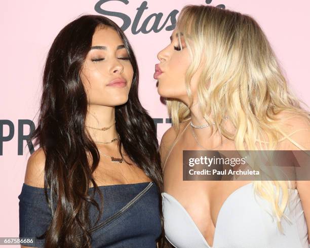 Singer Madison Beer and Social Media Personality Anastasia Karanikola attends the "PrettyLittleThing" campaign launch on April 11, 2017 in Los...