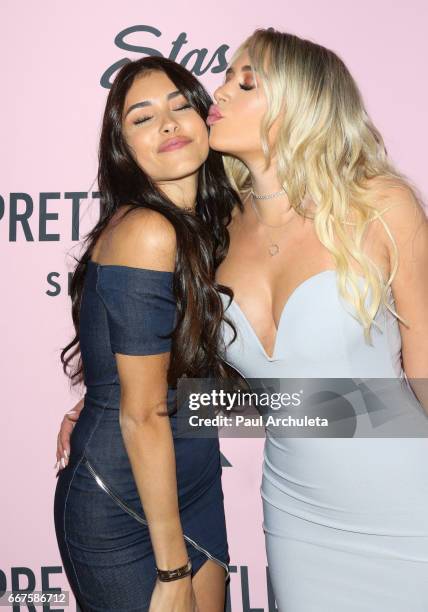 Singer Madison Beer and Social Media Personality Anastasia Karanikola attends the "PrettyLittleThing" campaign launch on April 11, 2017 in Los...