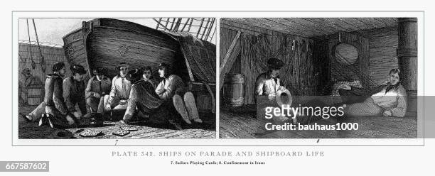 illustrations, cliparts, dessins animés et icônes de navires sur la parade et la vie de bord de la gravure, 1851 - planche pictos defense