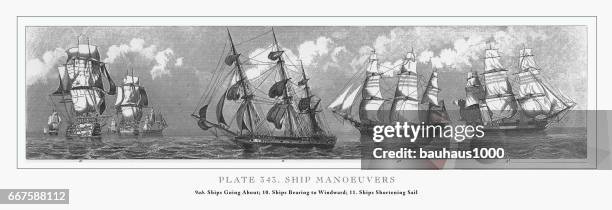 ship manoeuvers engraving, 1851 - saluting flag stock illustrations