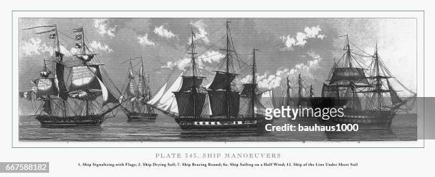 illustrations, cliparts, dessins animés et icônes de gravure de manoeuvres de navires, 1851 - planche pictos defense