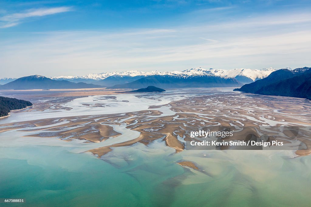 Aerial view of low tide in the Stikine River Delta on a clear day, Wrangell, Southeast Alaska, USA, Spring