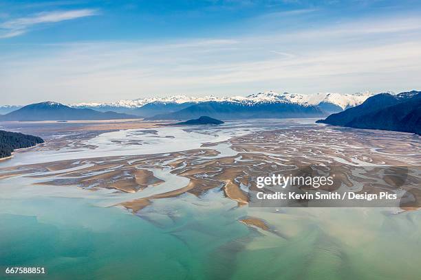 aerial view of low tide in the stikine river delta on a clear day, wrangell, southeast alaska, usa, spring - stikine river stock pictures, royalty-free photos & images