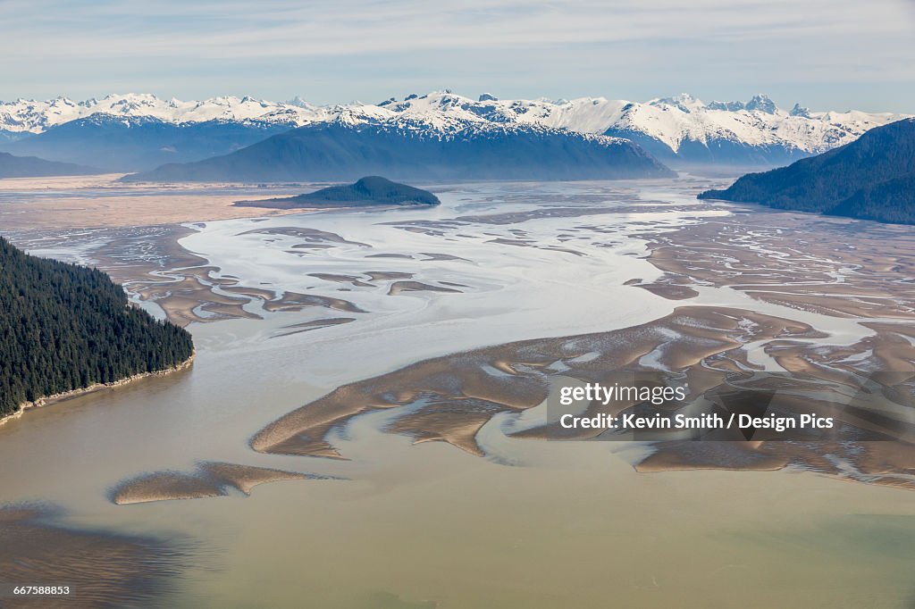 Aerial view of low tide in the Stikine River Delta on a clear day, Wrangell, Southeast Alaska, USA, Spring