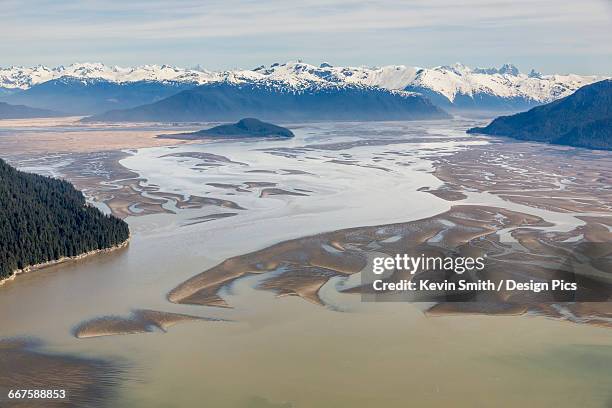 aerial view of low tide in the stikine river delta on a clear day, wrangell, southeast alaska, usa, spring - stikine river stock pictures, royalty-free photos & images