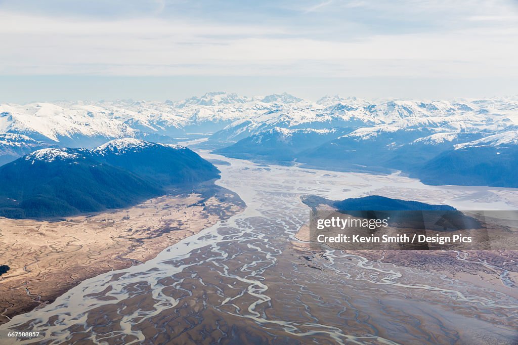 Aerial view of low tide and Woronkofski Island in the Stikine River Delta on a clear day, Wrangell, Southeast Alaska, USA, Spring