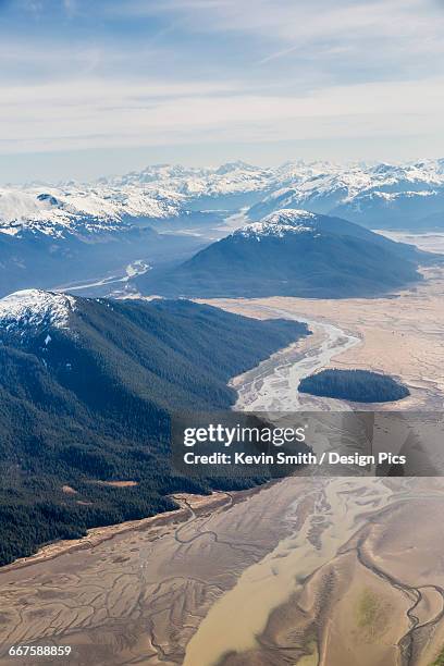 aerial view of low tide and woronkofski island in the stikine river delta on a clear day, wrangell, southeast alaska, usa, spring - stikine river stock pictures, royalty-free photos & images