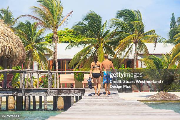 a couple walking on a wooden dock, saint georges caye resort - bermuda snorkel stock pictures, royalty-free photos & images