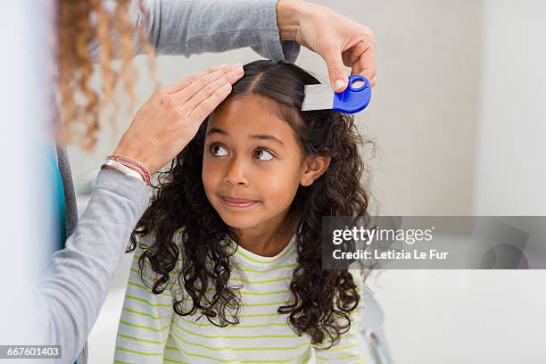 mother using lice comb on daughters hair - lausd stock-fotos und bilder