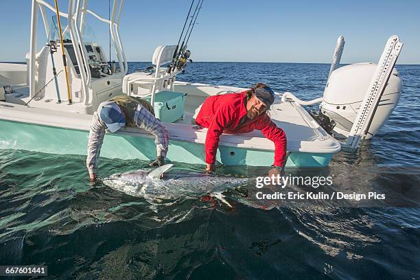 fishing from a boat on the atlantic ocean - releasing fish stock pictures, royalty-free photos & images
