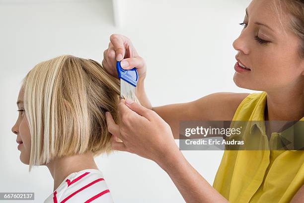 mother using lice comb on daughters hair - lausd stock-fotos und bilder