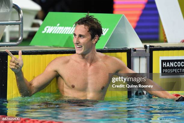 Cameron McEvoy of Australia celebrates winning the Men's 100m Freestyle during the 2017 Australian Swimming Championships at the Sleeman Sports...