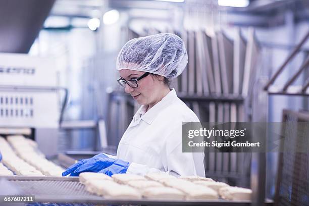 woman working in food production factory - hair net stock pictures, royalty-free photos & images