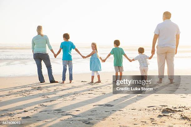 rear view of family on beach holding hands - hermanus stock pictures, royalty-free photos & images