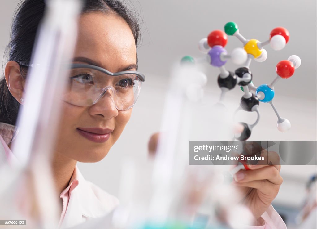 Scientist using molecular model to understand chemical formula