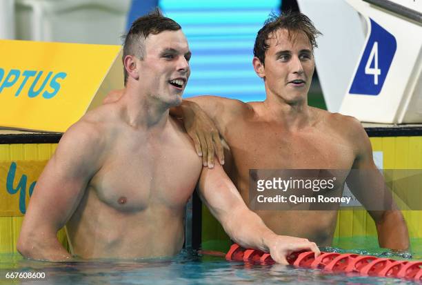 Kyle Chalmers congratulates Cameron McEvoy of Australia on winning the Men's 100m Freestyle during the 2017 Australian Swimming Championships at the...