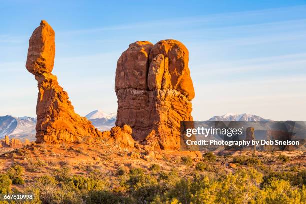 balanced rock and sandstone fins in arches np - balanced rocks stock pictures, royalty-free photos & images