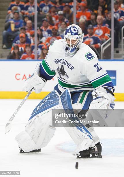 Goalie Richard Bachman of the Vancouver Canucks skates against the Edmonton Oilers on April 9, 2017 at Rogers Place in Edmonton, Alberta, Canada.