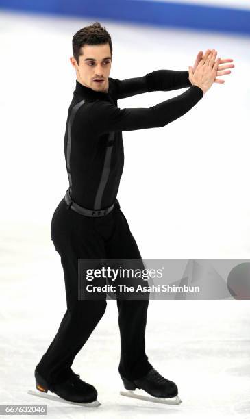 Javier Fernandez of Spain competes in the Men's Singles Short Program during day two of the World Figure Skating Championships at Hartwall Arena on...