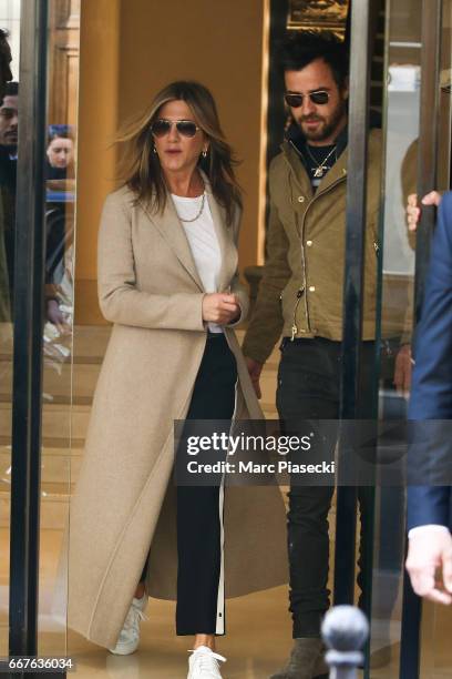 Jennifer Aniston and Justin Teroux are seen leaving the 'CHANEL Rue Cambon' store on April 12, 2017 in Paris, France.