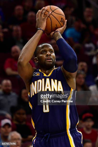 Miles of the Indiana Pacers shoots the ball against the Philadelphia 76ers during the fourth quarter at the Wells Fargo Center on April 10, 2017 in...