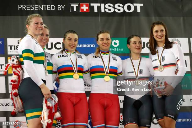 Stephanie Morton and Kaarle Mcculloch of Australia, Daria Shmeleva and Anastasiia Voinova of Russia, Kristina Vogel, and Miriam Welte of Germany pose...