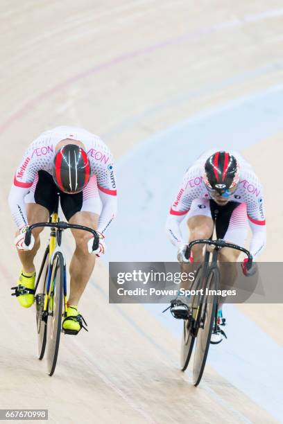 The team of Japan with Yoshitaku Nagasako, Yudai Nitta and Kazunari Watanabe compete in Men's Team Sprint - Qualifying match during day one of the...