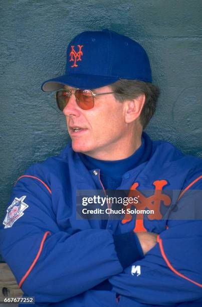 Closeup portrait of New York Mets manager Jeff Torborg in dugout during spring training game vs Atlanta Braves at West Palm Beach Municipal Stadium....