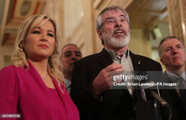 Sinn Fein leader Gerry Adams, alongside Sinn Fein leader for Northern Ireland Michelle O'Neill, speaking to the media in the Great Hall, Stormont,...
