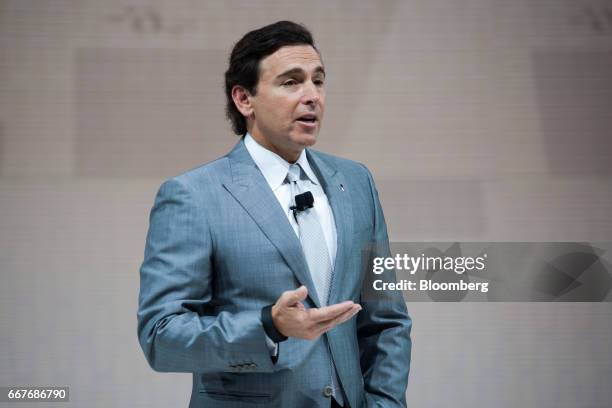 Mark Fields, president and chief executive officer of Ford Motor Co., speaks during the 2017 New York International Auto Show in New York, U.S., on...