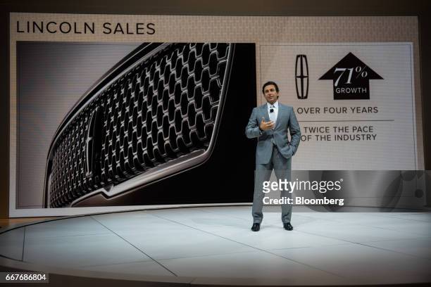 Mark Fields, president and chief executive officer of Ford Motor Co., speaks during the 2017 New York International Auto Show in New York, U.S., on...