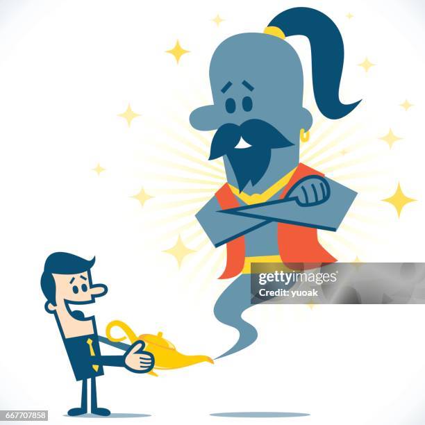 man and genie giant in the magic lamp - magic lamp stock illustrations