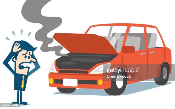 illustrazioni stock, clip art, cartoni animati e icone di tendenza di uomo in piedi vicino a un'auto rotta. - horrible car accidents