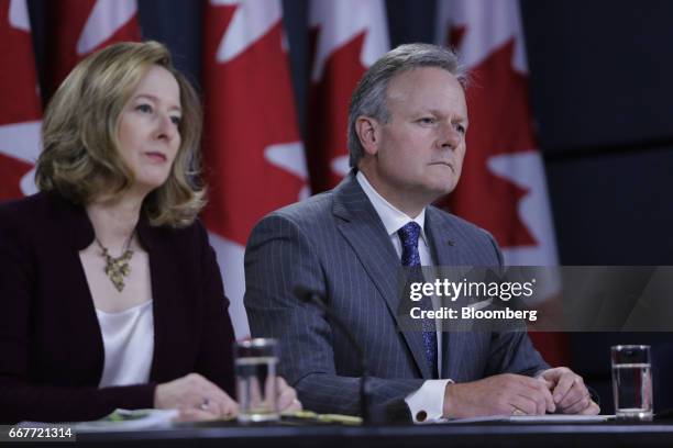 Stephen Poloz, governor of the Bank of Canada, right, and Carolyn Wilkins, senior deputy governor at the Bank of Canada, listen during a news...