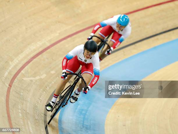 Daria Shmeleva and Anastasiia Voinova of Russia compete during the first round of the Women's Team Sprint on day one of the 2017 UCI Track Cycling...