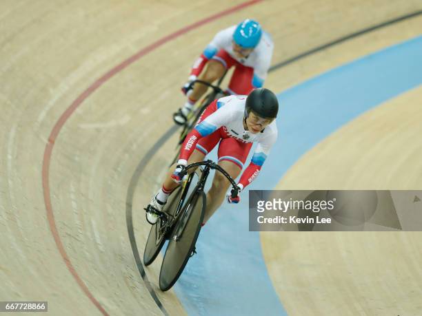 Daria Shmeleva and Anastasiia Voinova of Russia compete during the first round of the Women's Team Sprint on day one of the 2017 UCI Track Cycling...