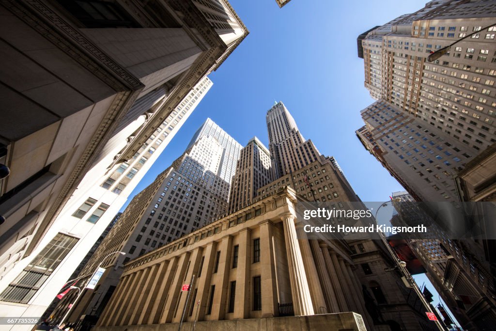 Wall street and financial district, wide angle view looking up