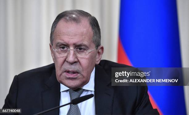 Russian Foreign Minister Sergei Lavrov speaks during a joint press conference with US Secretary of State after their talks in Moscow on April 12,...