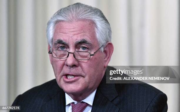 Secretary of State Rex Tillerson takes part in a press conference after a meeting with the Russian Foreign Minister in Moscow on April 12, 2017. -...