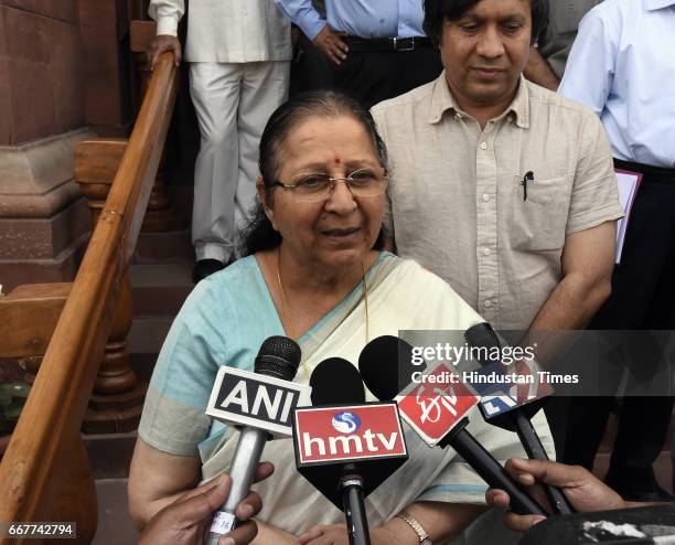 Lok Sabha Speaker Sumitra Mahajan talking to media persons after attending the Parliament Budget Session on April 12, 2017 in New Delhi, India....