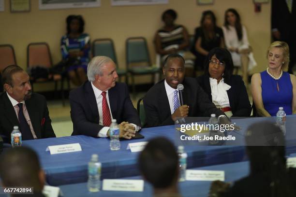 Jorge Perez, CEO, Related Urban Group, Carlos Gimenez, mayor of Miami-Dade, listen as U.S. Housing and Urban Development Secretary Ben Carson speaks...